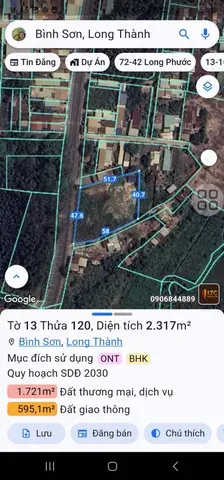Bán đất 2317m² ngang 42m giá 40 tỷ Xã Long Thành