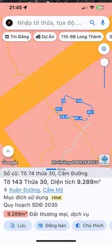 Bán đất TMD. 9289.1m² ngang 50m giá 12.5 tỷ Xã Long Thành