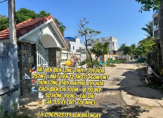 ĐẤT VEN BIỂN LONG THỦY – TUY HÒA 257m² – mặt tiền 12,7m có 160m Ont Thôn Long Thủy, An Phú, Tuy Hòa Cách biển chỉ 100m – vị trí đẹp Sổ hồng riêng – lâu dài Giá: 3,5 tỷ (bớt lộc nhẹ) LH: 096••••39 xem đất ngay