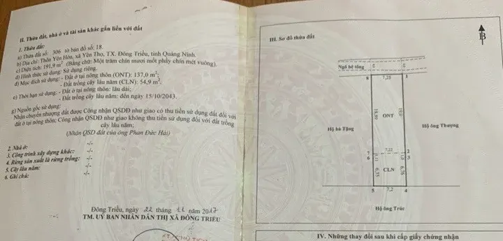Cần bán 191.9m2 đất Yên Thọ, Đông Triều, Quảng Ninh
