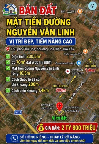 BÁN ĐẤT MẶT TIỀN ĐƯỜNG NGUYỄN VĂN LINH – VỊ TRÍ ĐẸP, TIỀM NĂNG CAO Khu phố Phú Hòa, phường Hòa Hiệp, Đắk Lắk Diện tích: 330,5m² Có 70m² đất ở đô thị (ODT) Mặt tiền đường Nguyễn Văn Linh rộng 10,5m Cách Quốc lộ 29 cũ chỉ khoảng 200m