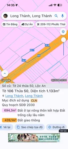 Bán Đất 1133m2 giá 6.5 tỷ tại Xã Lộc An Huyện Long Thành Đồng Nai