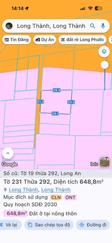 Bán Đất 648m2 có sẵn 200 m2 thổ cư giá 6 tỷ tại Xã Long An Huyện Long Thành Đồng Nai
