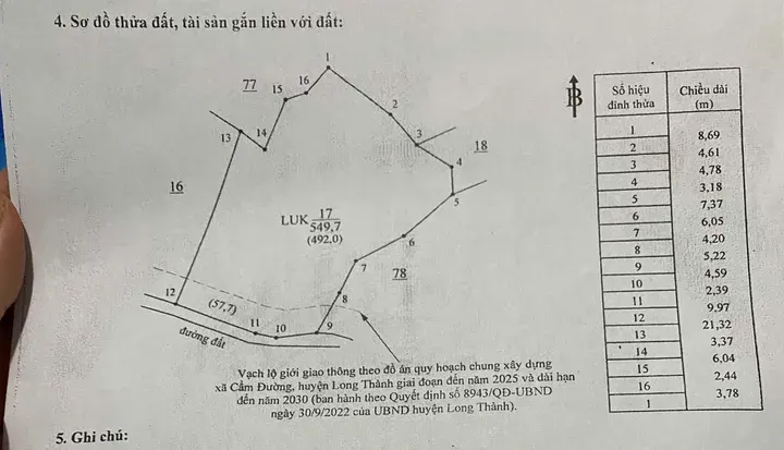 Bán Đất 549.7m2 giá 2.5 tỷ tại Xã Cẩm Đường Huyện Long Thành Đồng Nai
