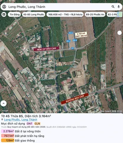 Đất đường Bàu Cạn cách sân bay Long Thành 5km / Diện tích 3.164 m2 (đã có 300 m2 thổ cư) / phù hợp làm kho xưởng - văn phòng công ty