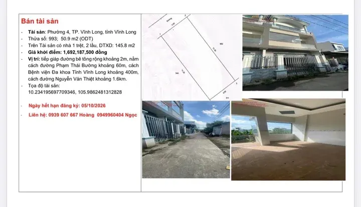 Bán Nhà riêng 50.9m2 có sẵn 50.9 m2 thổ cư giá 1.608 tỷ tại Đường Phạm Thái Bường Phường 4 Thành phố Vĩnh Long Vĩnh Long