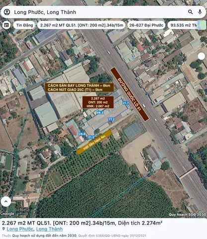 Mặt tiền Quốc Lộ 51 / Diện tích 2.267 m2 (đã có 200 m2 thổ cư) cách sân bay Long Thành 8km