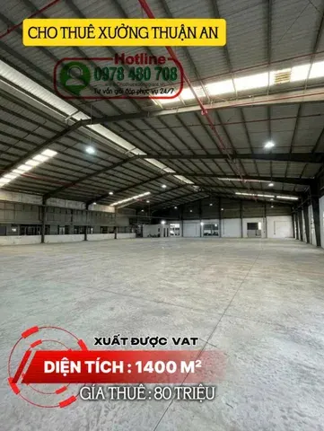 Cho thuê 1400m2 Xưởng Thuận An , Giá 80 triệu , PCCC tự động ,đường cont ,S.X đa ngành