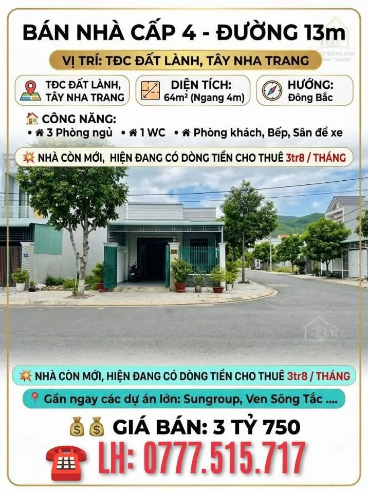 Bán nhà cấp 4 tđc đất lành nam nha trang, nhà còn mới, đường 13m, gần sun group
