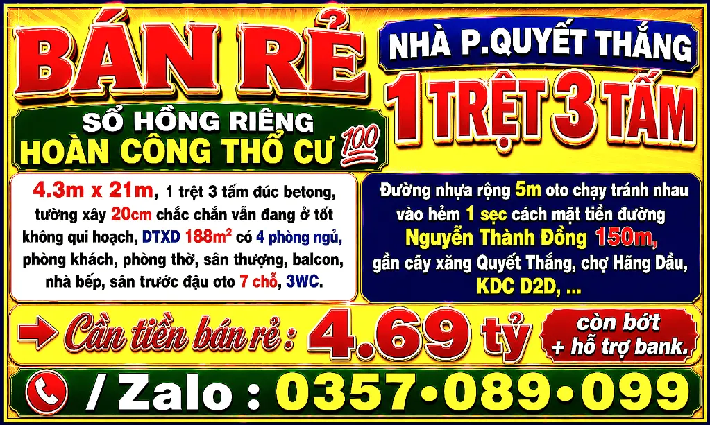 Bán rẻ nhà quyết thắng, 1trệt 3tấm, sổ hồng hoàn công thổ cư 100% đường 5m, sân đậu oto 7 chỗ