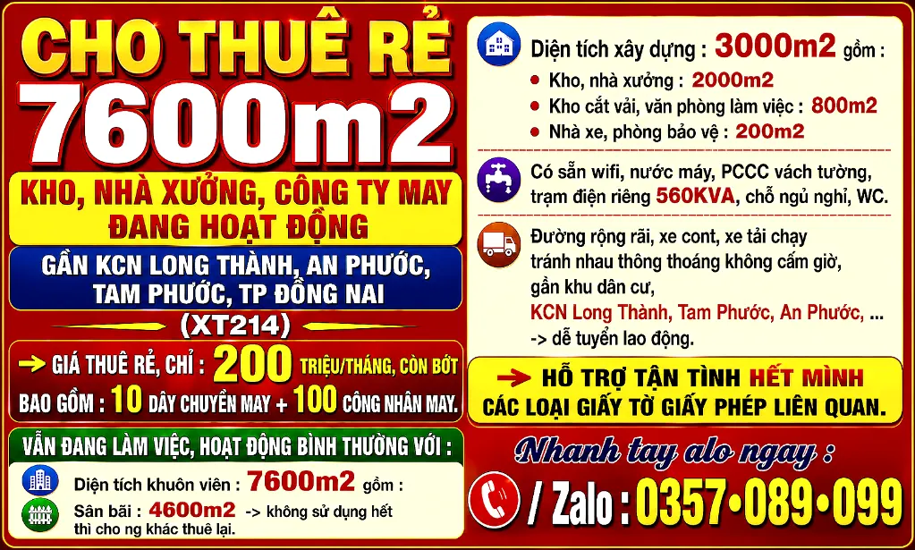 7600m2 cho thuê rẻ kho, nhà xưởng, cty may đang hoạt động gần kcn long thành, an phước, tam phước