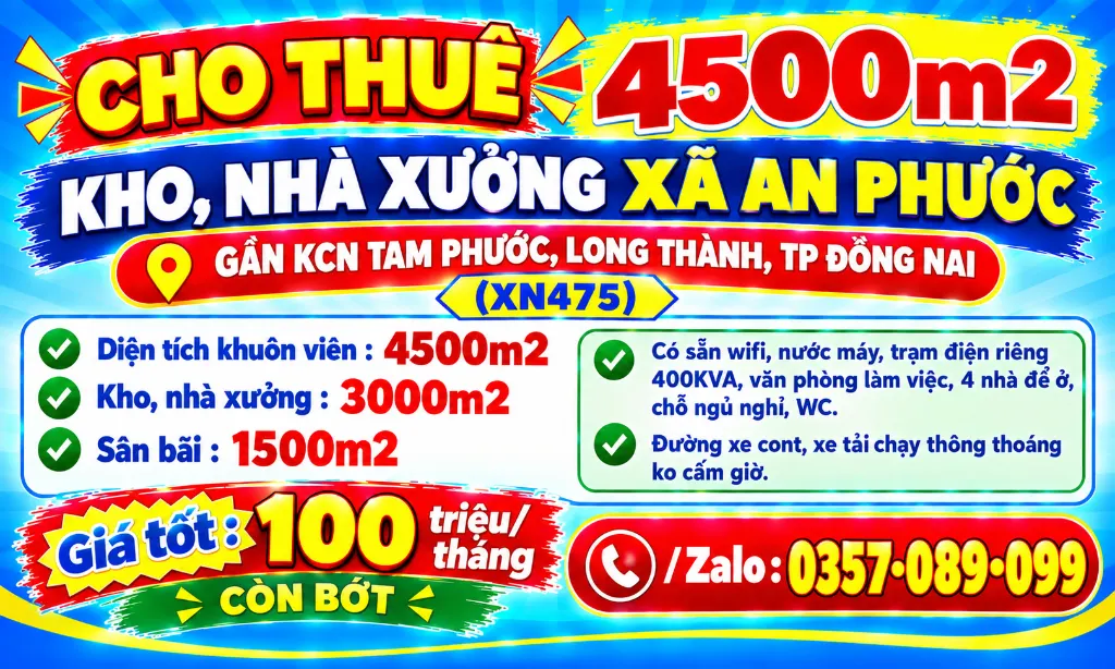 4500m2 cho thuê kho, nhà xưởng xã an phước gần kcn tam phước, long thành, tp đồng nai (xn475)
