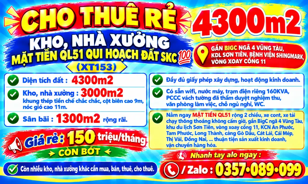4300m2 đất skc, cho thuê rẻ kho, nhà xưởng mặt tiền ql51 gần bigc, kdl sơn tiên, bệnh viện shingmark