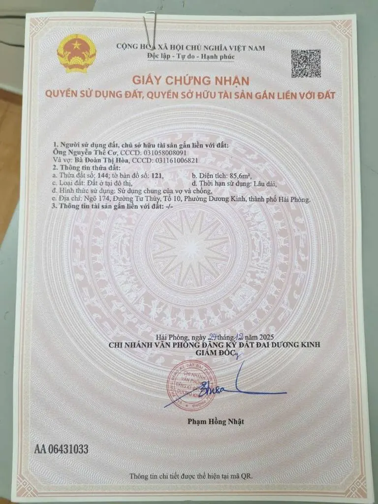Bán lô đất tại Tư Thủy, Hòa Nghĩa, Dương Kinh, Hải Phòng, dt 85.6 m², giá 2,4 tỷ