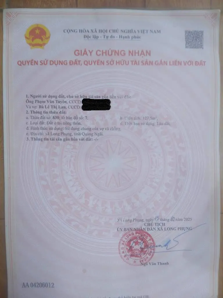 Bán đất 2 mặt tiền Long Phụng, Quảng Ngãi, dt 127m2, sổ sẵn, giá tốt