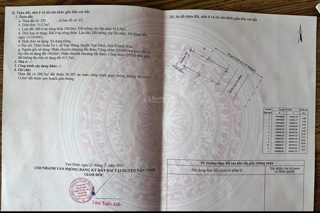 Thửa283 tờ 47.bán đất thôn xuân tự2 vạn hưng vạn ninh