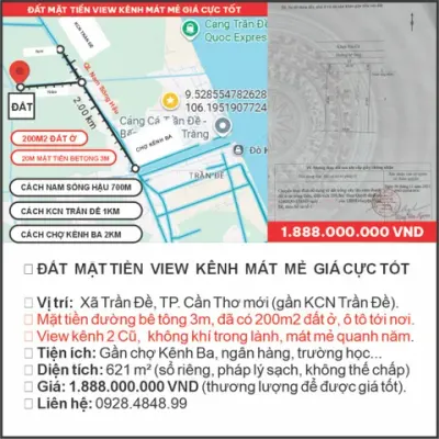 Đất mặt tiền gần KCN trần đề – giá cực tốt – pháp lý sạch