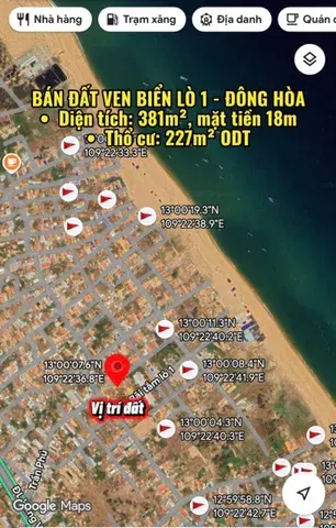 BÁN ĐẤT VEN BIỂN LÒ 1 - ĐÔNG HÒA, PHÚ YÊN • Diện tích: 381m², mặt tiền 18m • Thổ cư: 227m² ODT, sổ hồng riêng • Vị trí: KP Phú Thọ 1, TT Hòa Hiệp Trung, cách biển 280m • Pháp lý: Sạch, công chứng ngay Giá: 17triêu/m2 (thương lượng) LH:09679
