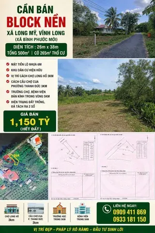Cần bán block nền long mỹ – vĩnh long diện tích 500m², có 265m² thổ cư