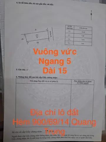 Cần bán lô đất hẻm Hẻm 900/69/14 Quang Trung , diện tích 76 m2 giá 1,350 tỷ