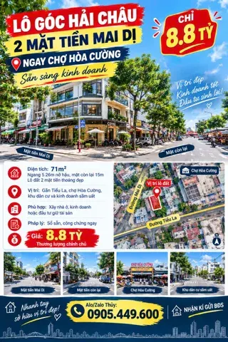 Đất lô góc hải châu đà nẵng- góc mai dị ngay tiểu la và chợ hòa cường-8,8 tỷ-mặt tiền 5,3M