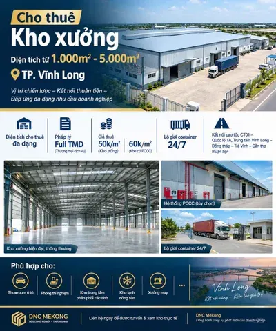 Cho thuê Kho, nhà xưởng 1000m2-6000m2 giá 50.000vnd/m2 tại Vĩnh Long