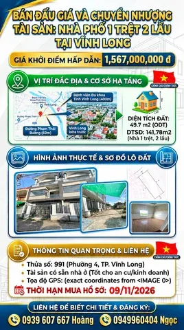 Bán Nhà riêng 49.7m2 có sẵn 49.7 m2 thổ cư giá 1.567 tỷ tại Phường 4 Thành phố Vĩnh Long Vĩnh Long