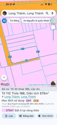Bán Đất 575m2 có sẵn 175 m2 thổ cư giá 6.5 tỷ tại Xã Lộc An Huyện Long Thành Đồng Nai