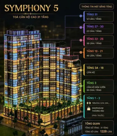 Bán căn hộ 1PN tại Symphony 5, dt 45m2, chỉ 52 triệu/m2, tối đa công năng