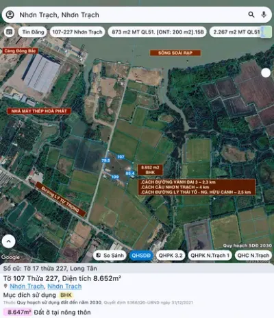 Diện tích 8.652 m2 đất vườn Long Tân - Nhơn Trạch - Thành phố mới Đồng Nai / gần cầu Nhơn Trạch / gần đường Vành Đai 3
