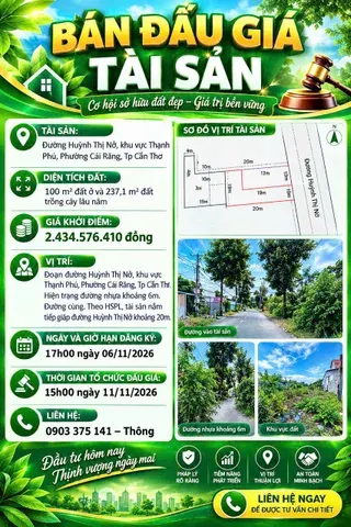 Bán Đất 337.1m2 có sẵn 100 m2 thổ cư giá 2.44 tỷ tại Đường Huỳnh Thị Nỡ Phường Thường Thạnh Quận Cái Răng Cần Thơ