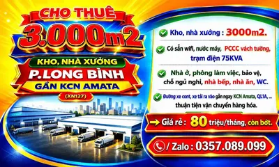 Cho thuê 3000m2 kho, nhà xưởng gần kcn amata p.long bình, biên hòa, đồng nai đường xe cont
