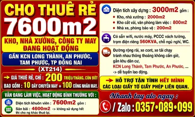 7600m2 cho thuê rẻ kho, nhà xưởng, cty may đang hoạt động gần kcn long thành, an phước, tam phước