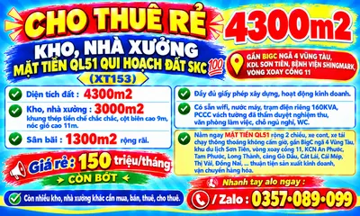4300m2 đất skc, cho thuê rẻ kho, nhà xưởng mặt tiền ql51 gần bigc, kdl sơn tiên, bệnh viện shingmark