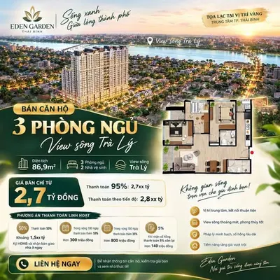Chỉ từ 2,7 tỷ nhận nhà ngay, căn 3 phòng ngủ view sông Trà Lý, Eden Garden